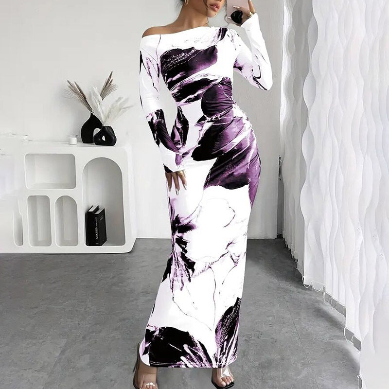 Women's Elegant Off-Shoulder Tie-Dye Floral Bodycon Dress Stretchy Season Party & Casual Dress
