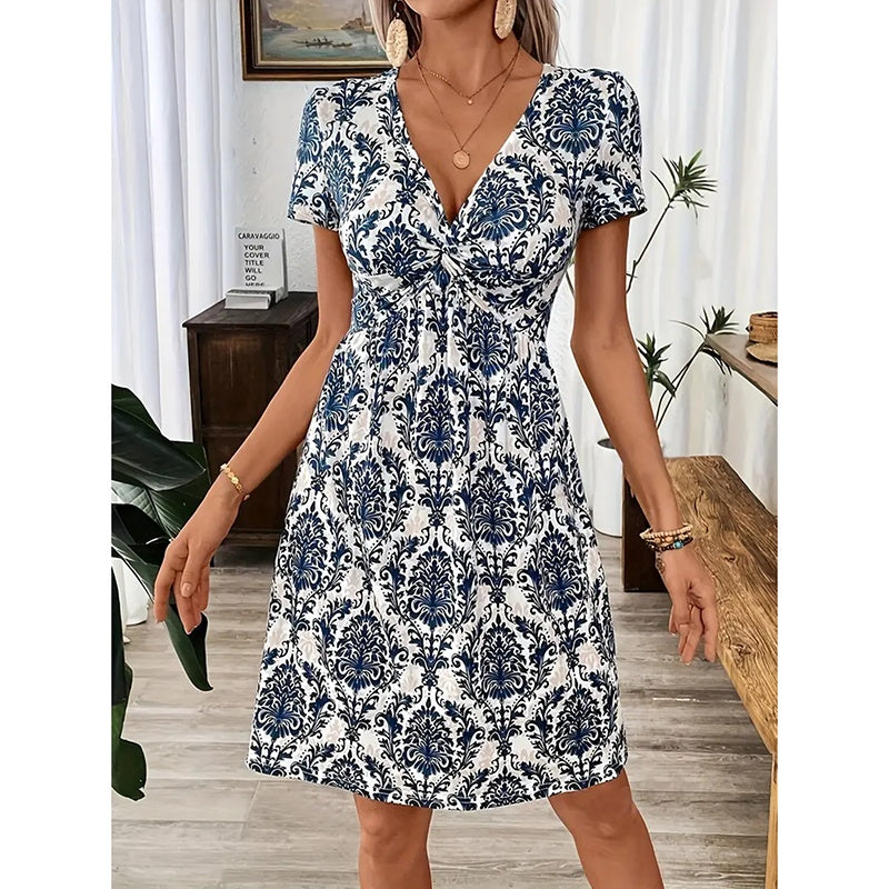 Women's Vibrant Leopard Print Twist Front V Neck Casual Summer Short Sleeve Bodycon Mini Dresses