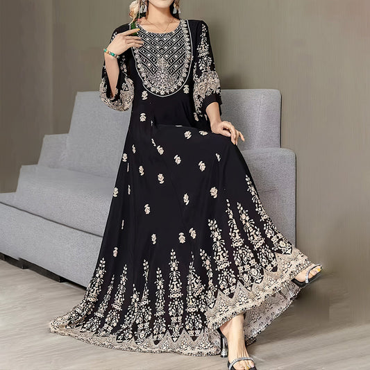 Women's Bohemian Embroidered Maxi Dress Elegant 3 4 Sleeve Swing Dress