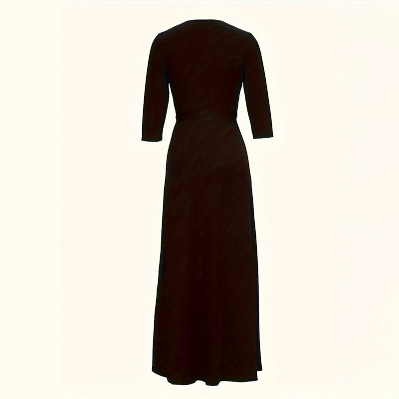 Women's Summer Geometric Print Maxi Dresses Casual 3 4 Sleeve V-Neck Tie Waist Long Dress
