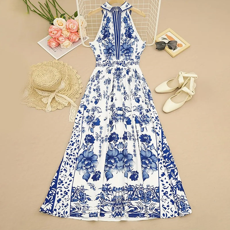 Women's Floral Print Halter Neck Maxi Dress - Tie-Waist A-Line Summer Dress