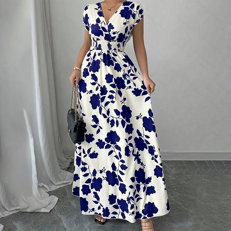 Women's Wrap V Neck Short Sleeve Empire Elastic Waist Summer Casual Elegant Maxi Long Dresses