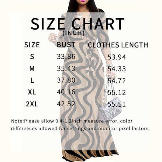 Women's Summer Geometric Print Maxi Dresses Casual 3 4 Sleeve V-Neck Tie Waist Long Dress