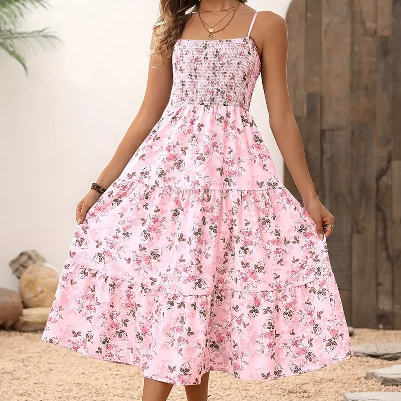 Womens Summer Floral Midi Dress Smocked Spaghetti Strap Sleeveless Tiered Casual Flowy Dresses