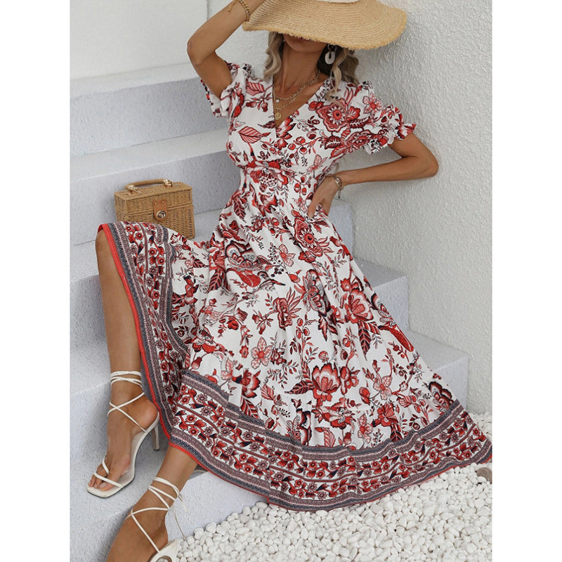 Women Floral Maxi Dress Short Puff Sleeve V Neck Bohemian Flowy Smocked Long Dress