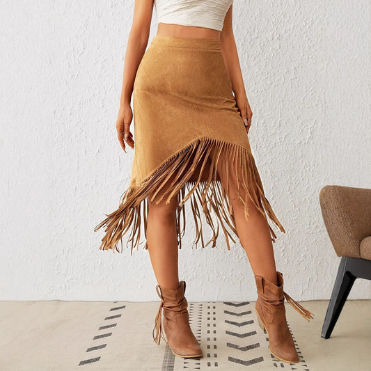 Women's Western Style Imitation Suede Fringe High Waisted A-line Skirt