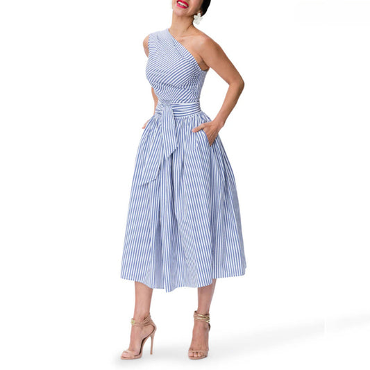 Women's Summer One Shoulder Striped Midi Dress Elegant Tie Waist Bodycon Dresses With Pockets