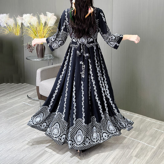 Women's Ethnic Style Floral Embroidered Dress, Elegant 3 4 Sleeve Swing Dress