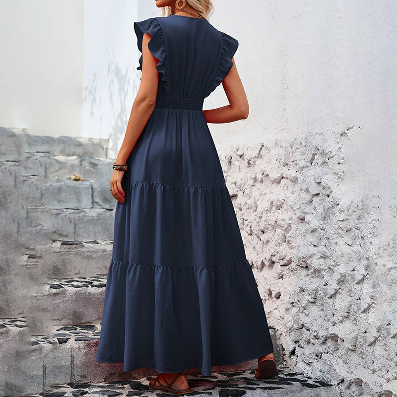 Women's Elegant V-Neck Maxi Dress Short Sleeve Solid Color High Slit Long Dress For Summer Tea Party & Casual Wear