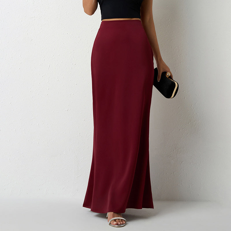Women's Elegant Satin High Waist Flared Midi Skirt Cocktail Party Wedding Long Skirt
