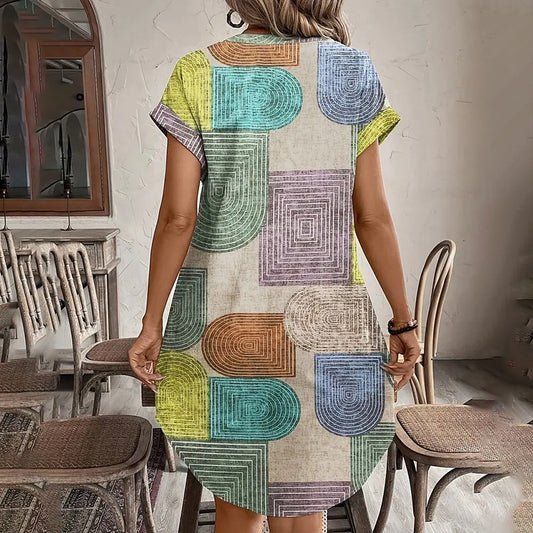 Women's Summer Geometric Print V-Neck Button Down Sundress Short Sleeve Casual Dress
