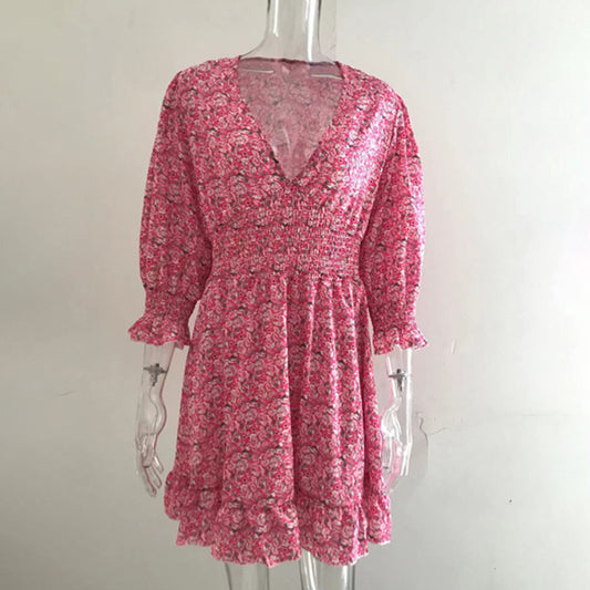 Womens Boho Floral Deep V Neck Smocked Elastic Waist Casual A-Line Swing Mini Dress Sundress