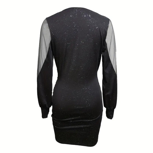 Women's Sexy Deep V-Neck Ruched Bodycon Mesh Long Sleeve Sparkling Party Cocktail Dresses