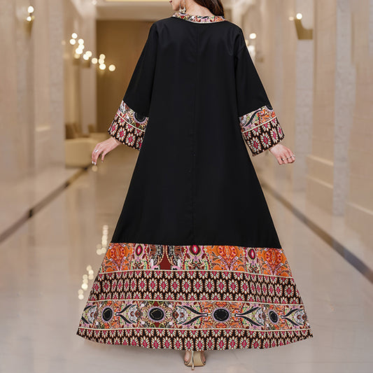 Women's Summer Plus Size Ethnic Print Dress Boho Casual Notched V Neck Long Sleeve Maxi Dress