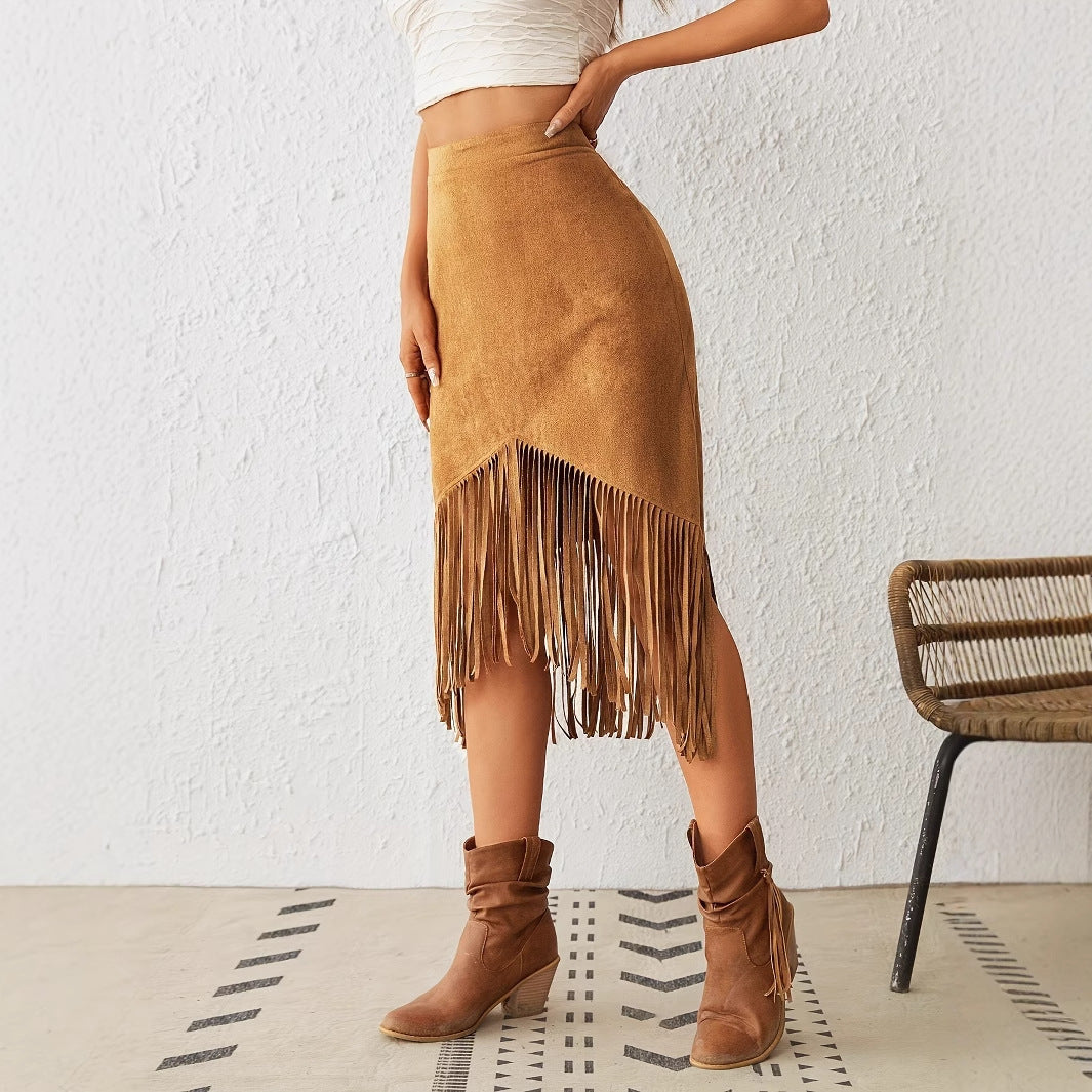 Women's Western Style Imitation Suede Fringe High Waisted A-line Skirt