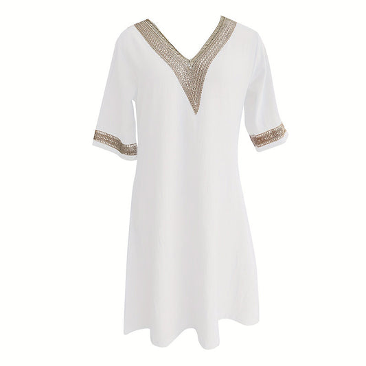 Women's Chic Guipure Lace V-Neck Tunic Dress Knee-Length, Hollow Detail,All-Season Dress
