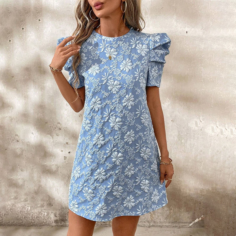 Women's Summer Mini Dress Short Sleeve Floral Jacquard Puff Sleeve Crew Neck Dress