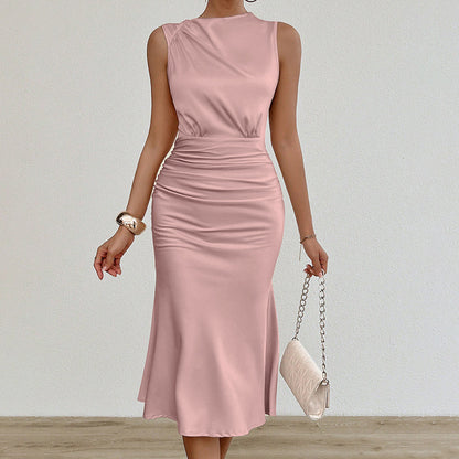 Women's Summer Sleeveless Tank Dress Crew Neck Slim Fit Ruched Bodycon Dress Casual Party Club Dress