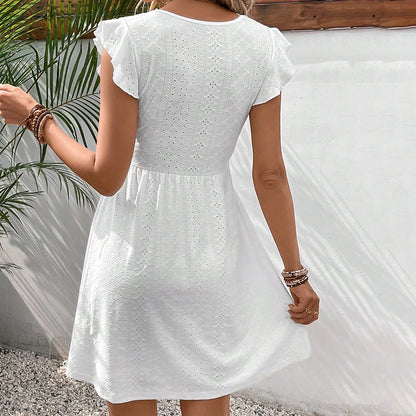 Women's V Neck Lace Mini Dresses Casual Summer Ruffle Sleeve Crochet Sundresses