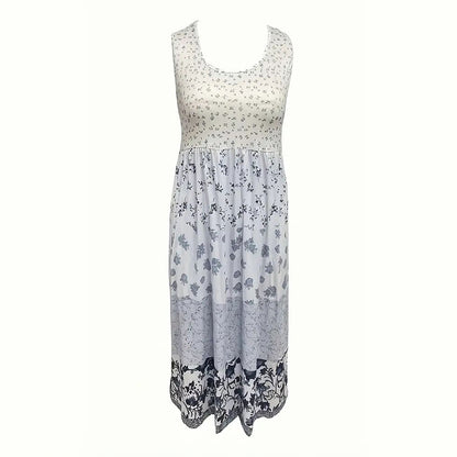 Women's Plus Size Boho Floral Dresses Sleeveless Tiered Pleated Swing Long Sundress
