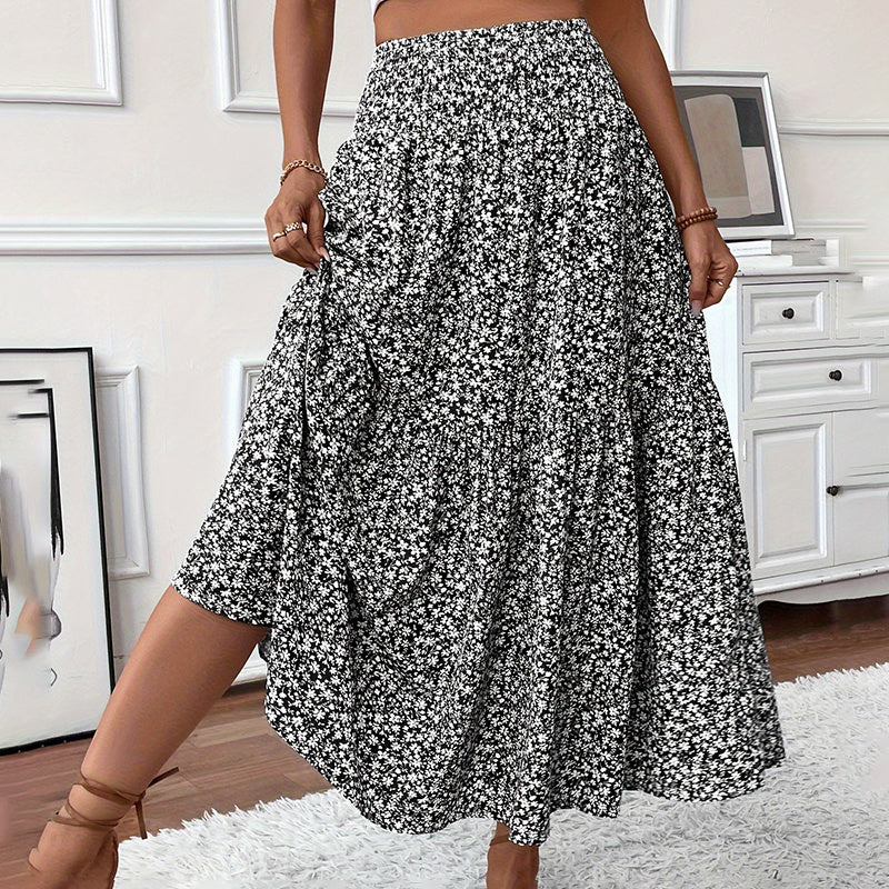 Women's Boho Floral Maxi Skirt - High Elastic Waist, Pleated A-Line Long Skirt