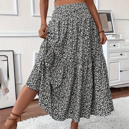 Women's Boho Floral Maxi Skirt - High Elastic Waist, Pleated A-Line Long Skirt