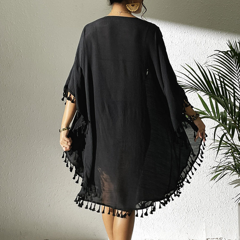 Sexy Tassel Trim Crochet Cover Up Women's Solid Color Beachwear, Summer Round Neck Boho Fashion Dress