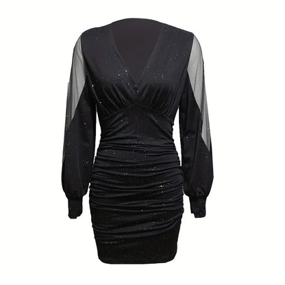Women's Sexy Deep V-Neck Ruched Bodycon Mesh Long Sleeve Sparkling Party Cocktail Dresses