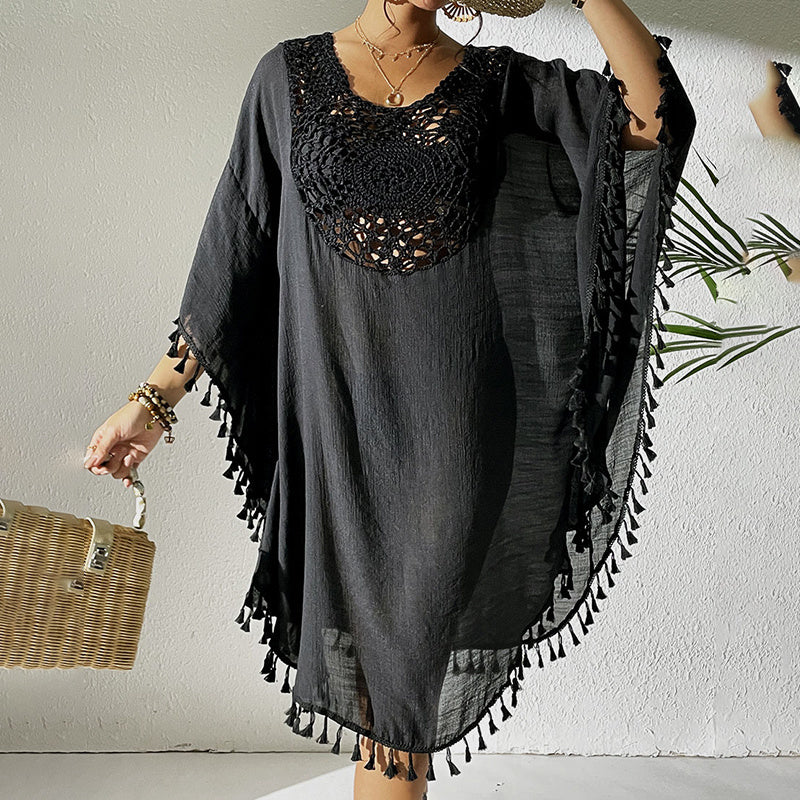 Sexy Tassel Trim Crochet Cover Up Women's Solid Color Beachwear, Summer Round Neck Boho Fashion Dress