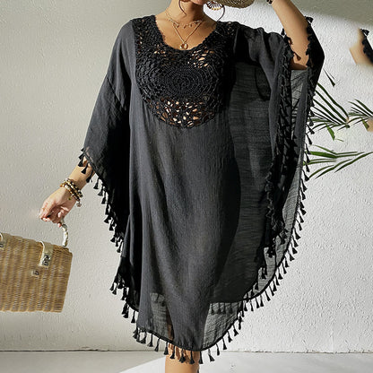 Sexy Tassel Trim Crochet Cover Up Women's Solid Color Beachwear, Summer Round Neck Boho Fashion Dress