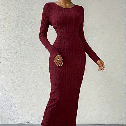 Women's Crew Neck Long Sleeve Ribbed Dress Side Slit Knit Bodycon Midi Dress