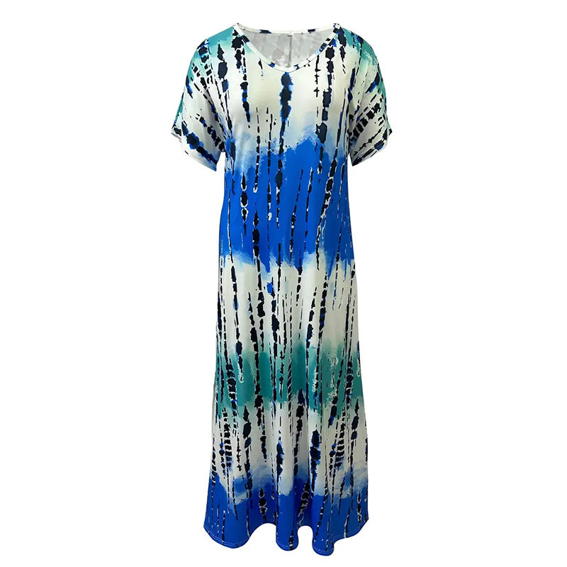 Women's Summer Tie Dye Maxi Dress Short Sleeve V Neck Casual Loose Long Split Dresses