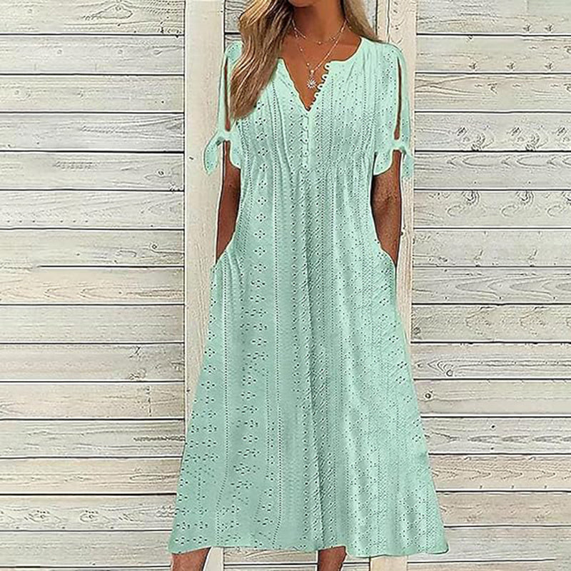 Women's Eyelet V-Neck Maxi Dress Short Sleeve Flowy A-Line Summer Beach Dress