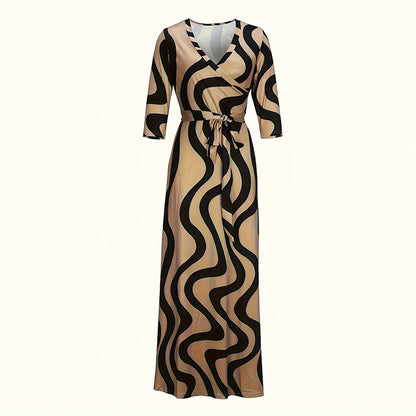 Women's Summer Geometric Print Maxi Dresses Casual 3 4 Sleeve V-Neck Tie Waist Long Dress