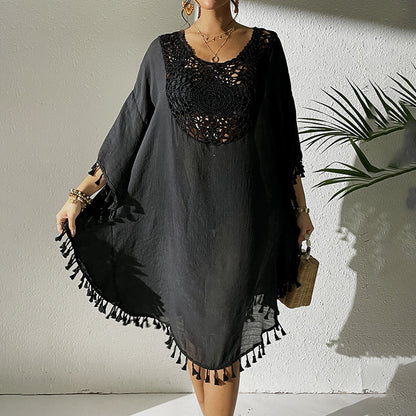 Sexy Tassel Trim Crochet Cover Up Women's Solid Color Beachwear, Summer Round Neck Boho Fashion Dress