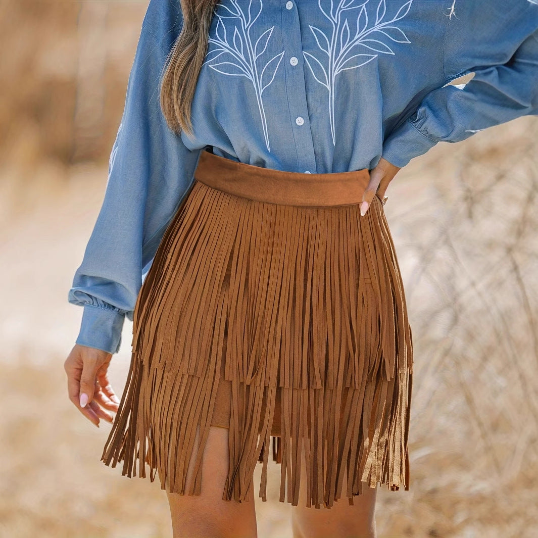 Fashionable Women's Solid Color High Waist Double-layer Tassel Casual Short Skirt