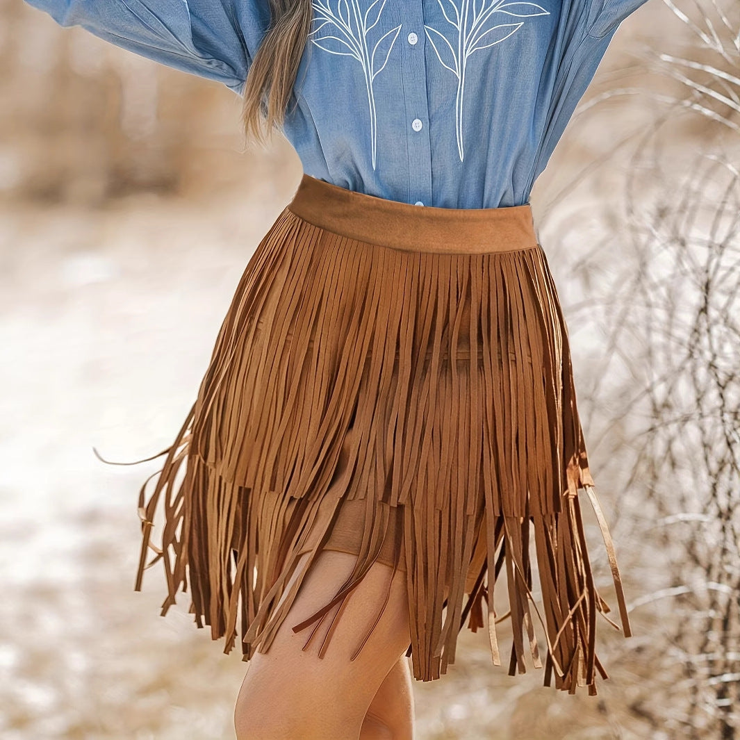 Fashionable Women's Solid Color High Waist Double-layer Tassel Casual Short Skirt