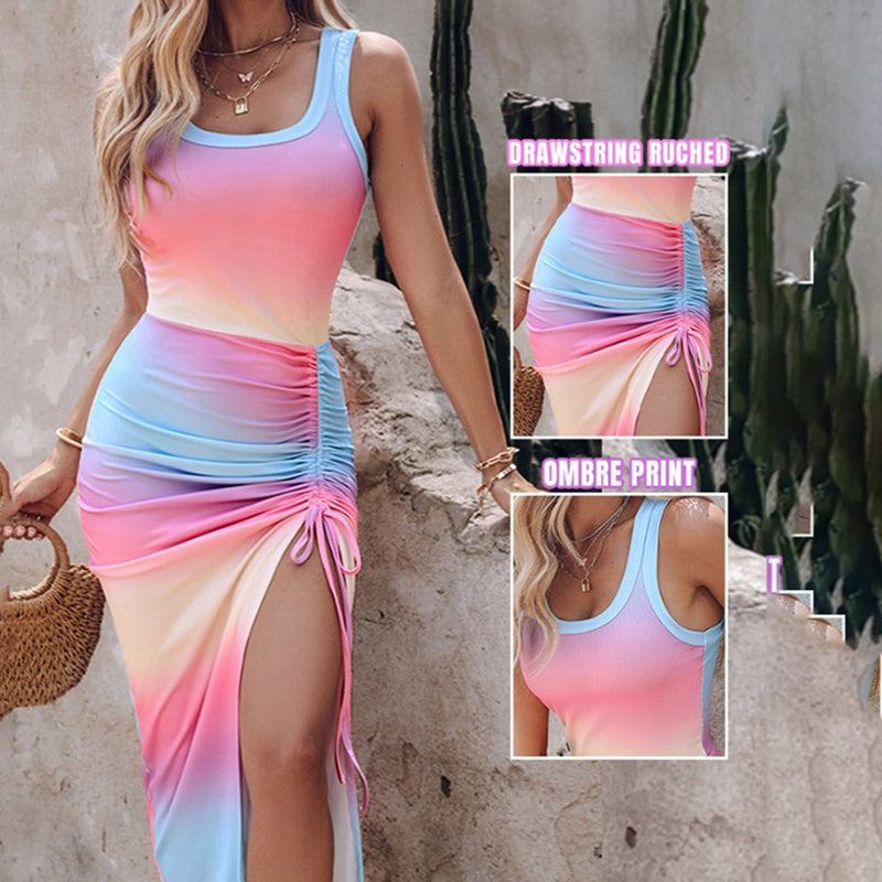 Women's Summer Sexy Sleeveless Side Split Drawstring Bodycon Ruched Tank Dress