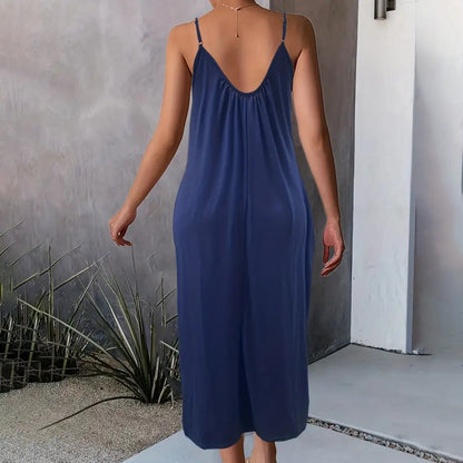 Women's Casual Summer Spaghetti Straps Maxi Dress With Pockets Loose Fit Long Dress