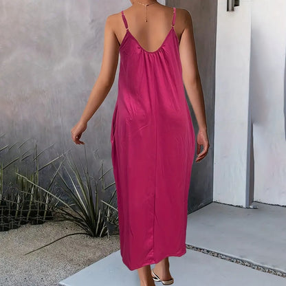 Women's Casual Summer Spaghetti Straps Maxi Dress With Pockets Loose Fit Long Dress
