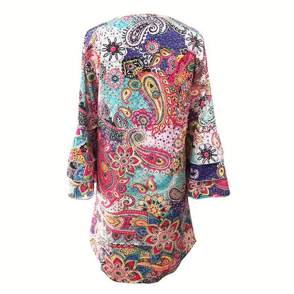Women's V-Neck Floral Print Dress 3 4 Sleeve Summer Beach Vacation Dress With Pockets