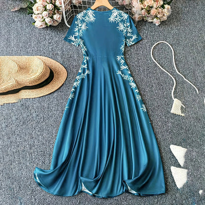 Women's Elegant Short Sleeve Maxi Dresses Casual Empire Waist Long Dress