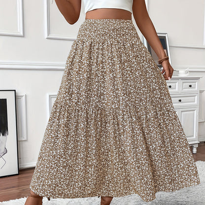 Women's Boho Floral Maxi Skirt - High Elastic Waist, Pleated A-Line Long Skirt