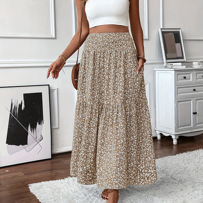Women's Boho Floral Maxi Skirt - High Elastic Waist, Pleated A-Line Long Skirt