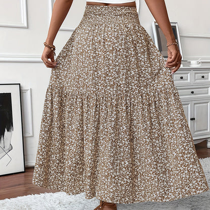 Women's Boho Floral Maxi Skirt - High Elastic Waist, Pleated A-Line Long Skirt