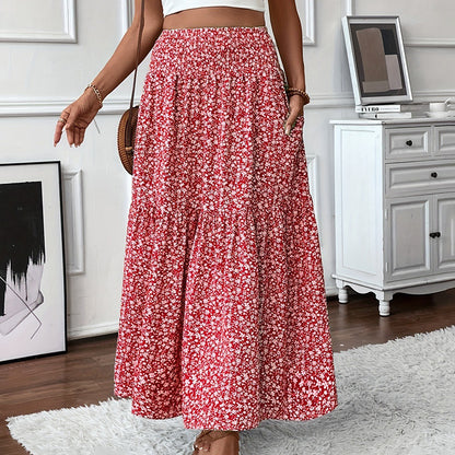 Women's Boho Floral Maxi Skirt - High Elastic Waist, Pleated A-Line Long Skirt