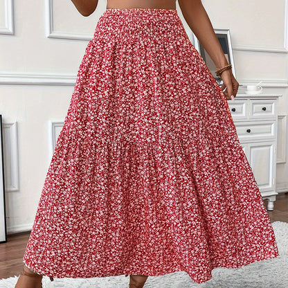 Women's Boho Floral Maxi Skirt - High Elastic Waist, Pleated A-Line Long Skirt