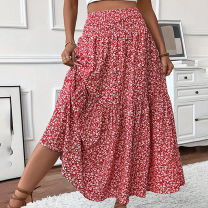 Women's Boho Floral Maxi Skirt - High Elastic Waist, Pleated A-Line Long Skirt