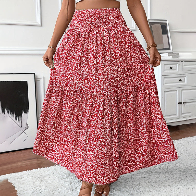 Women's Boho Floral Maxi Skirt - High Elastic Waist, Pleated A-Line Long Skirt