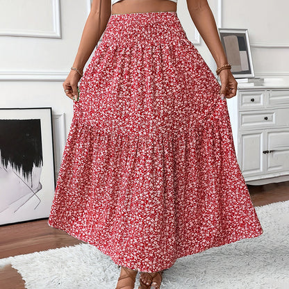 Women's Boho Floral Maxi Skirt - High Elastic Waist, Pleated A-Line Long Skirt